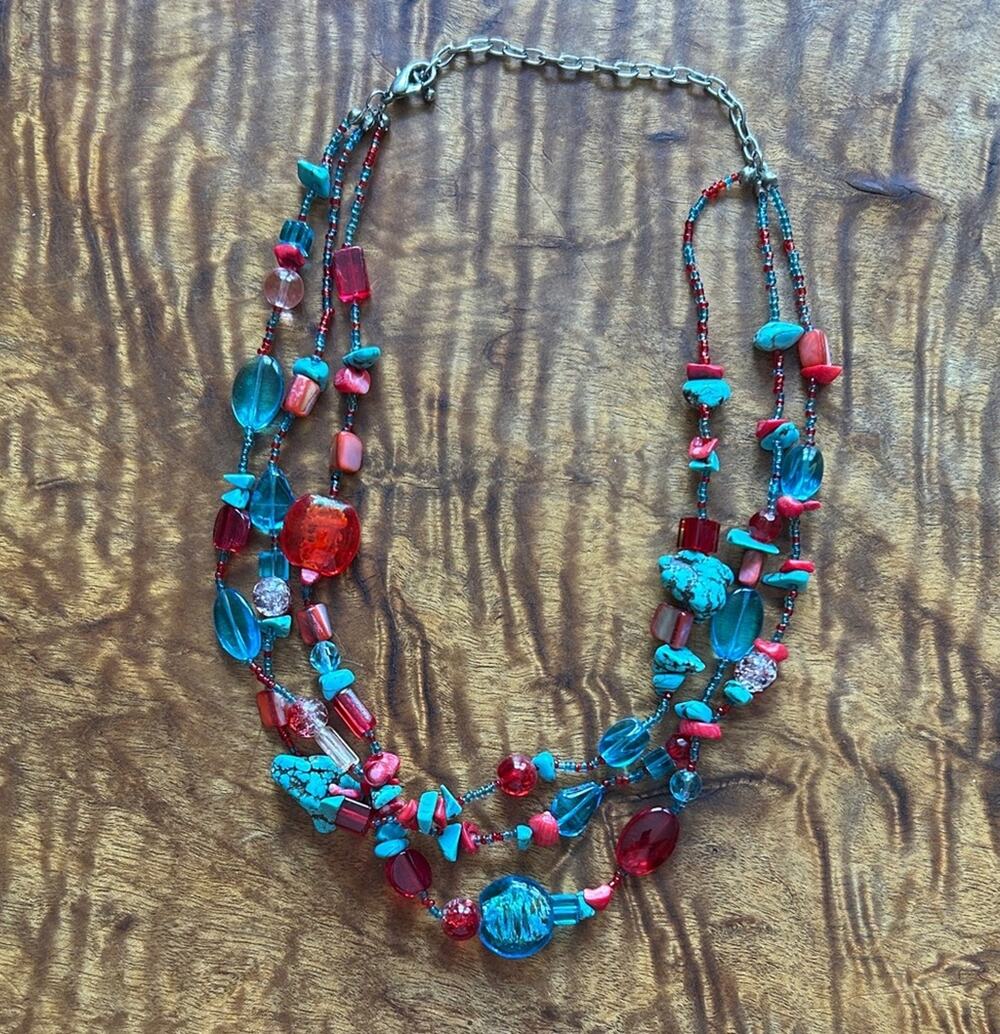 Multicolor Turquoise and Bead Necklace - 3 stranded 22” long